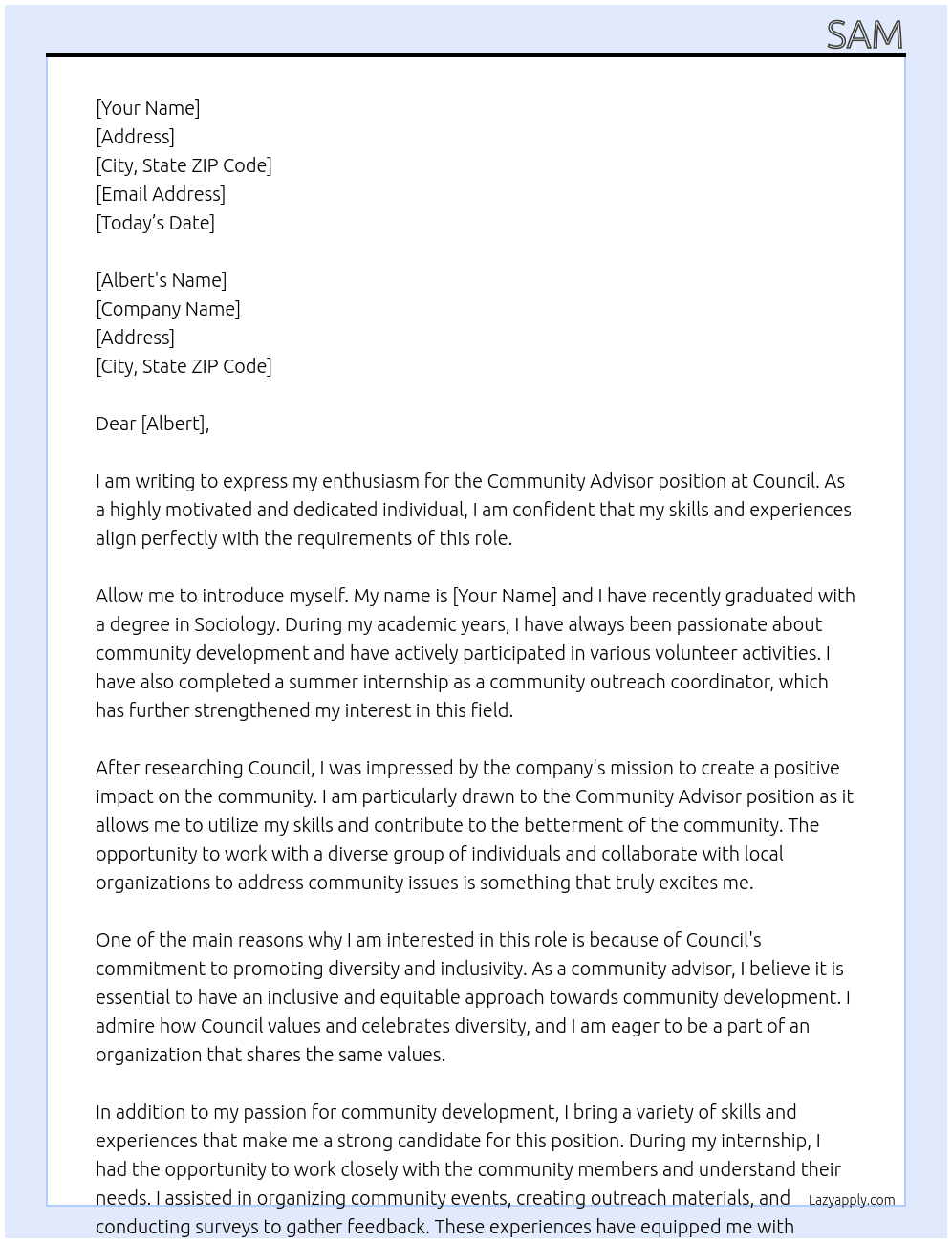 Community advisor At Council Cover Letter