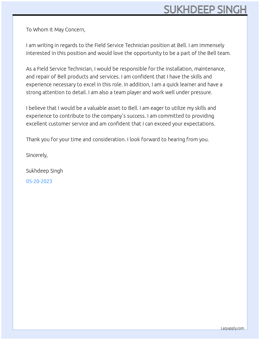 Field Service Technician At Bell Cover Letter
