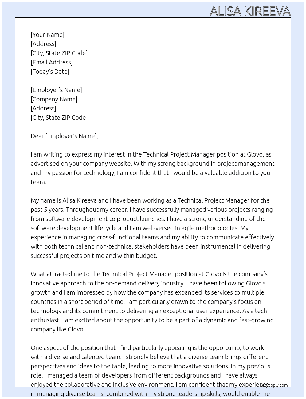 Technical Project Manager At Glovo Cover Letter