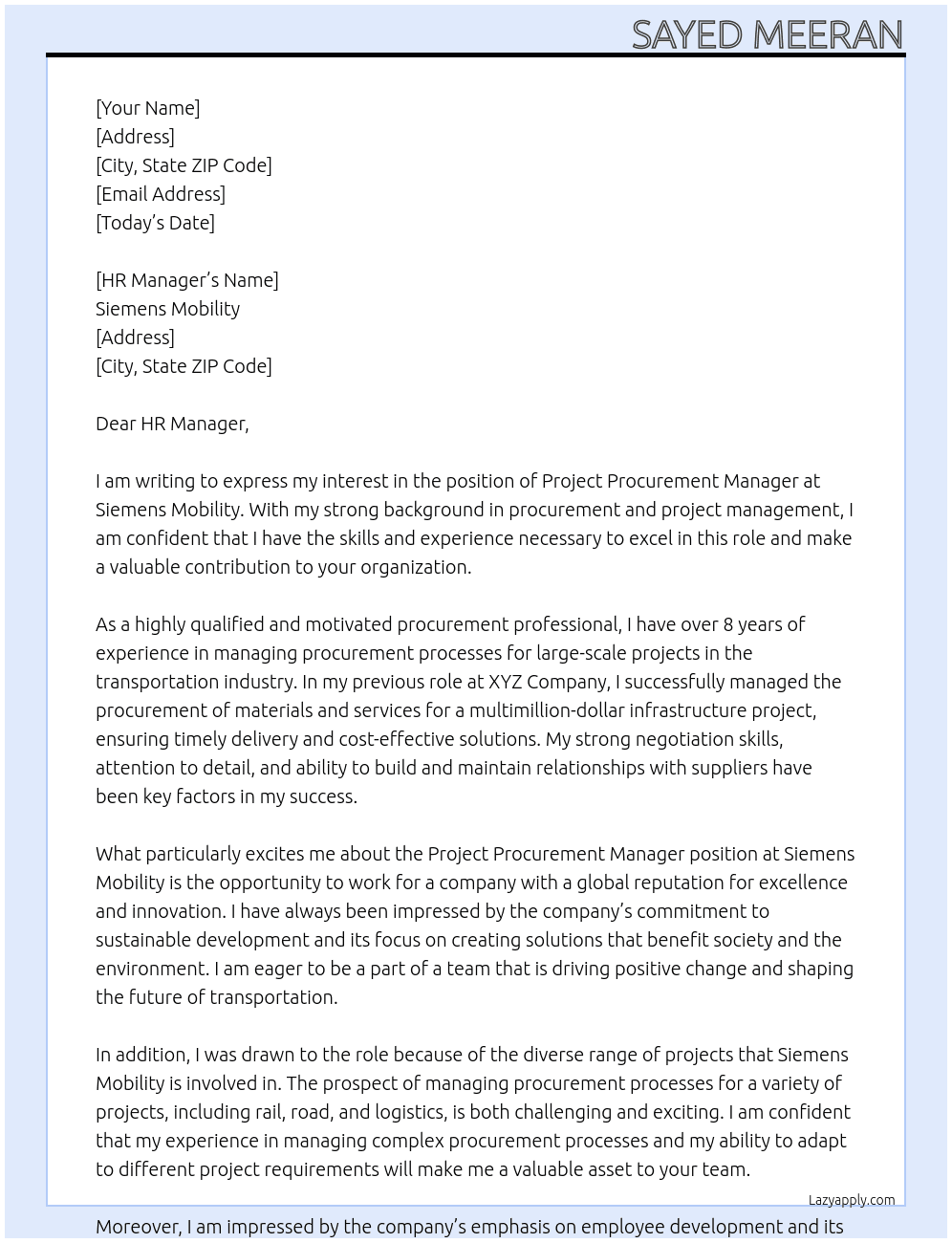 Project Procurement Manager At Siemens Mobility Cover Letter