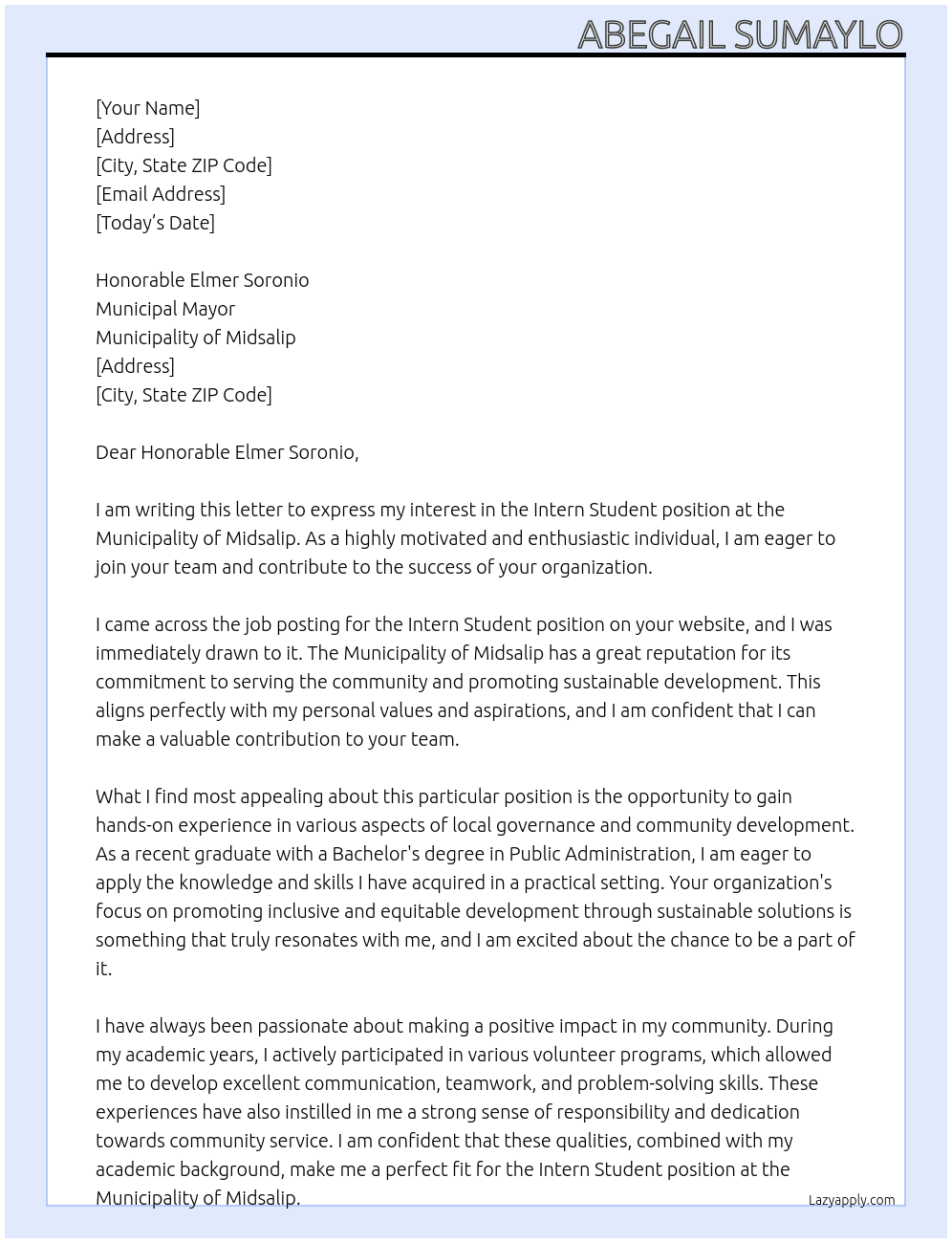 Intern Student  At Municipality of Midsalip Cover Letter
