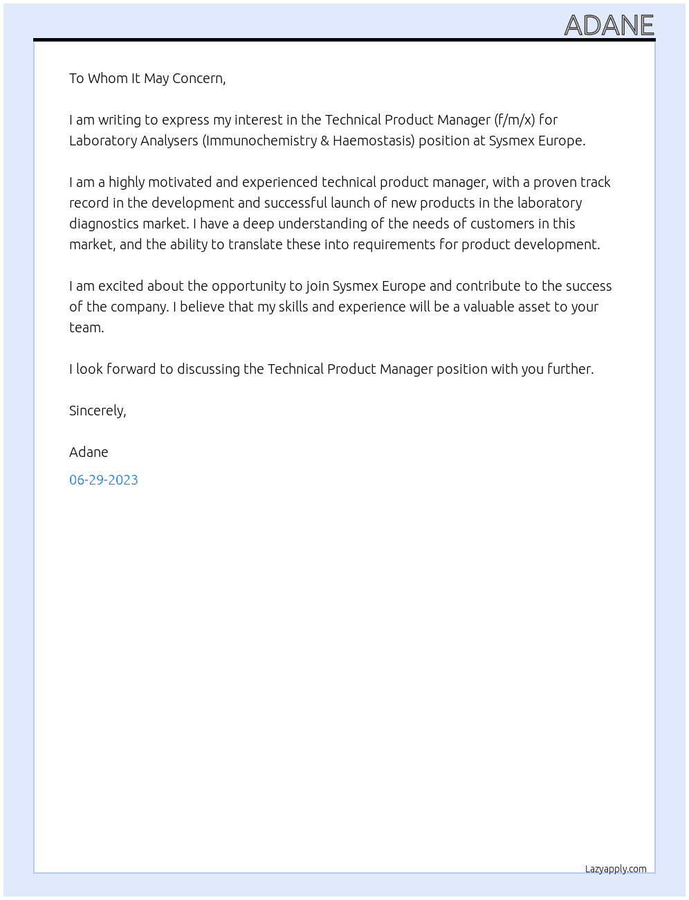 Technical Product Manager (f/m/x) for Laboratory Analysers (Immunochemistry & Haemostasis) At Sysmex Europe Cover Letter