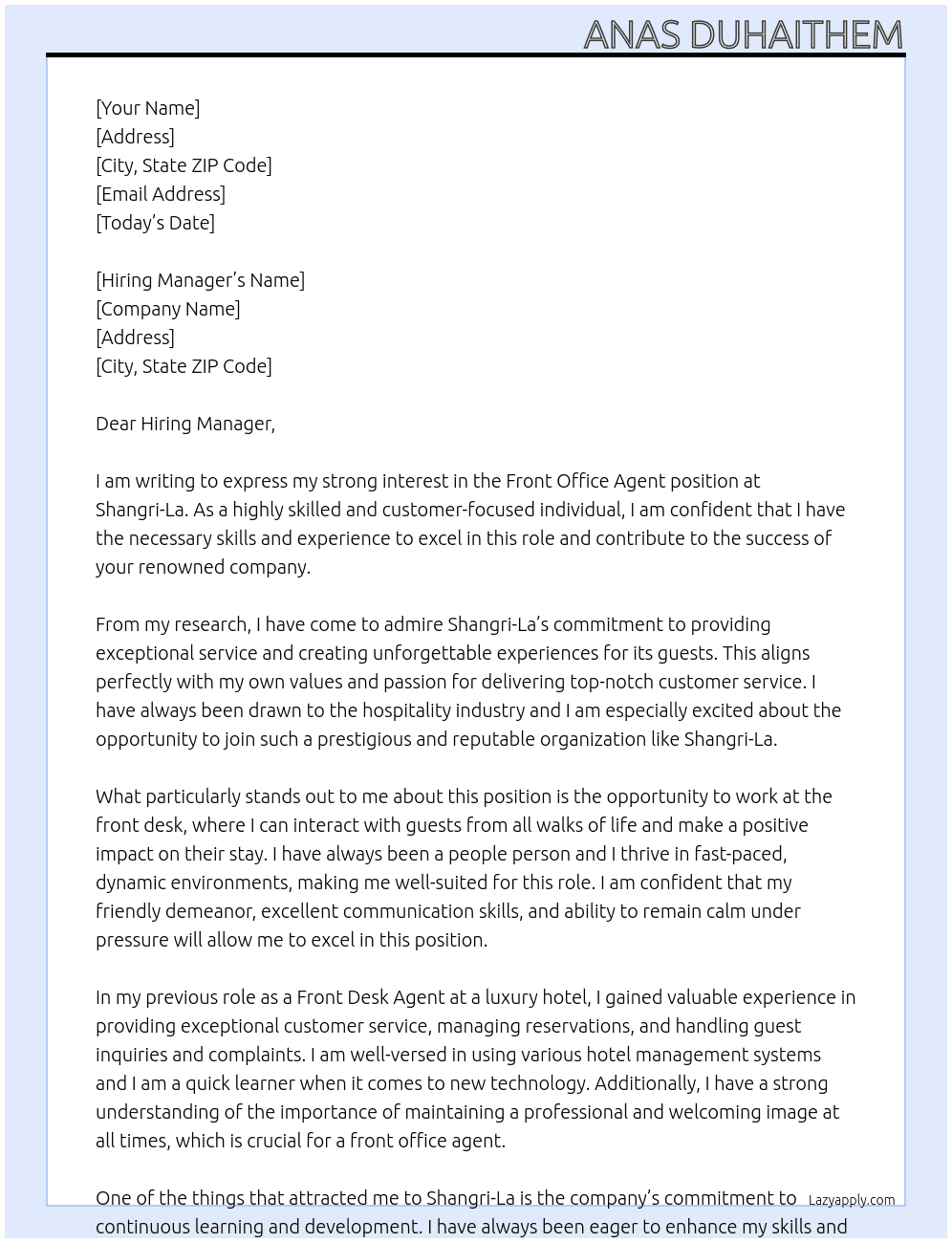 Front Office Agent  At Shangri-La Cover Letter