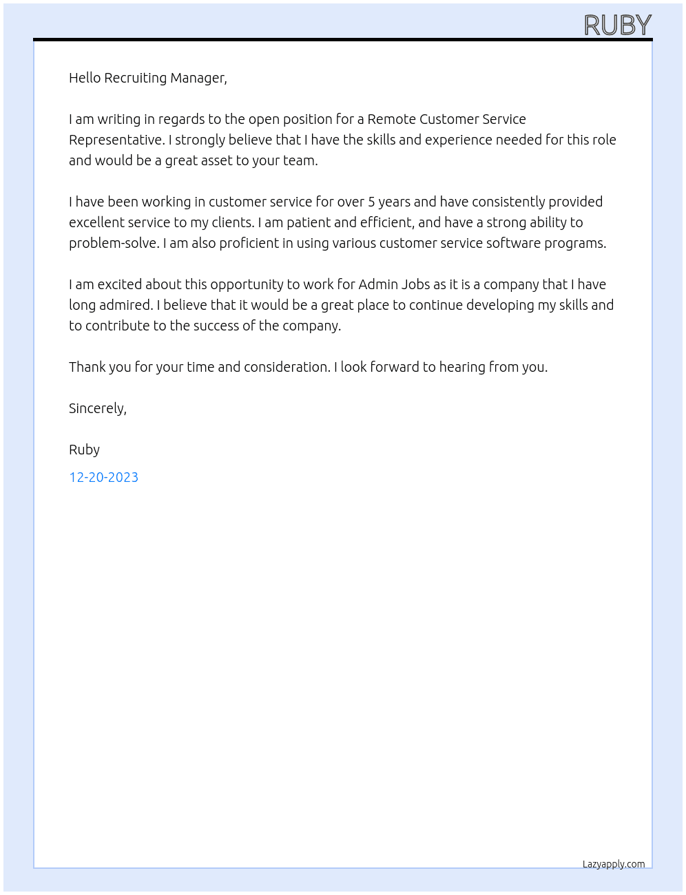 Remote customer service  At Admin jobs  Cover Letter