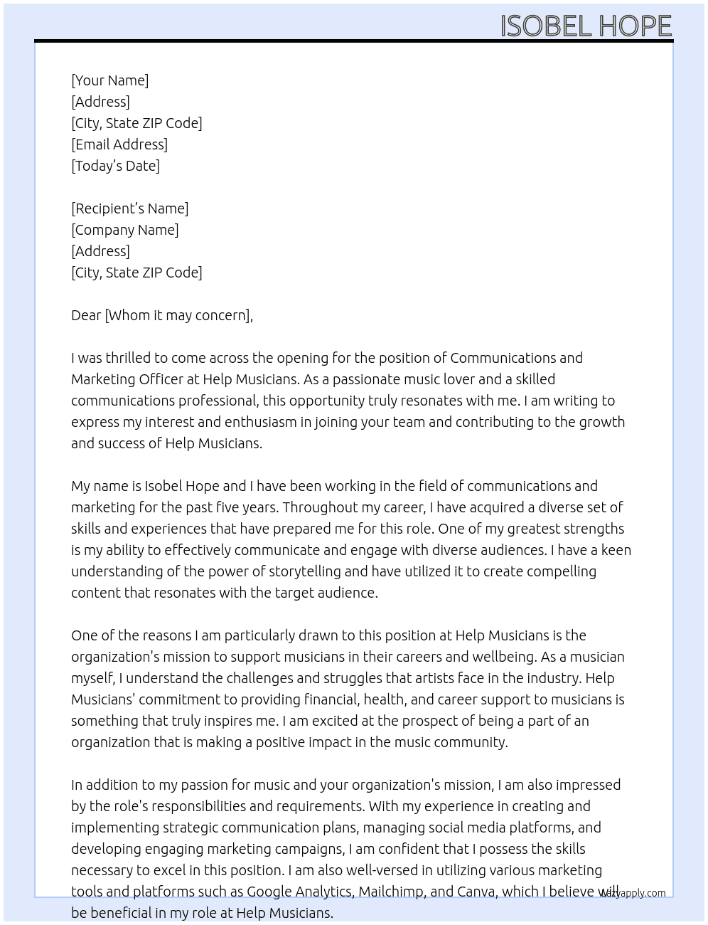 Communications and Marketing Officer At Help Musicians Cover Letter