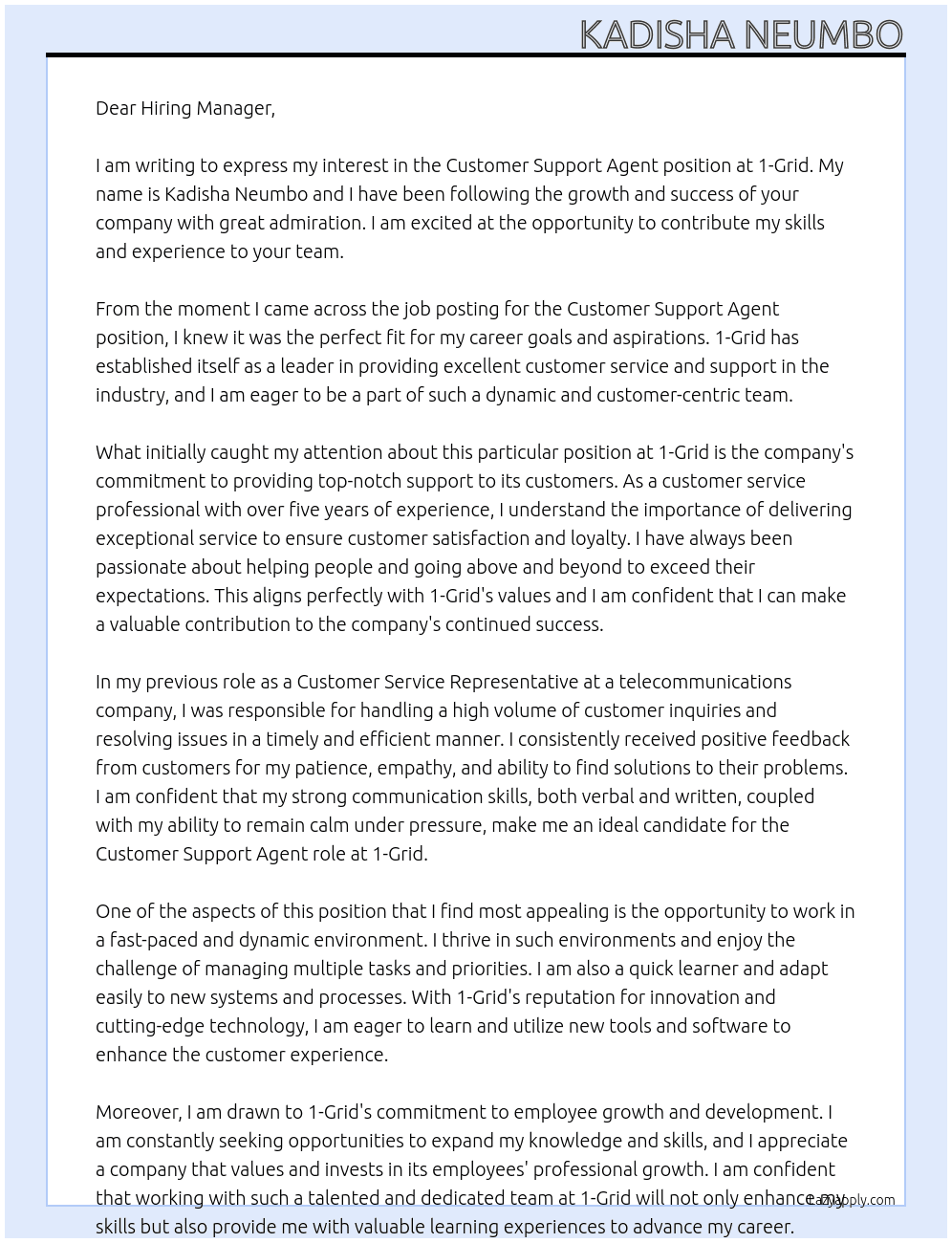 Customer Support Agent At 1-Grid  Cover Letter