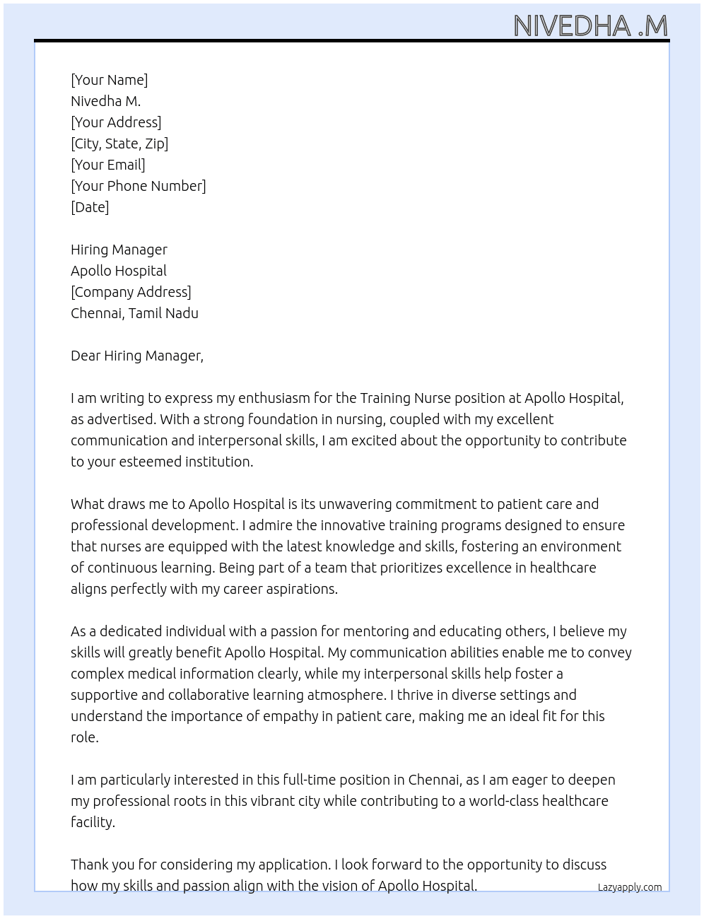 Training Nurse  At Apollo Hospital  Cover Letter