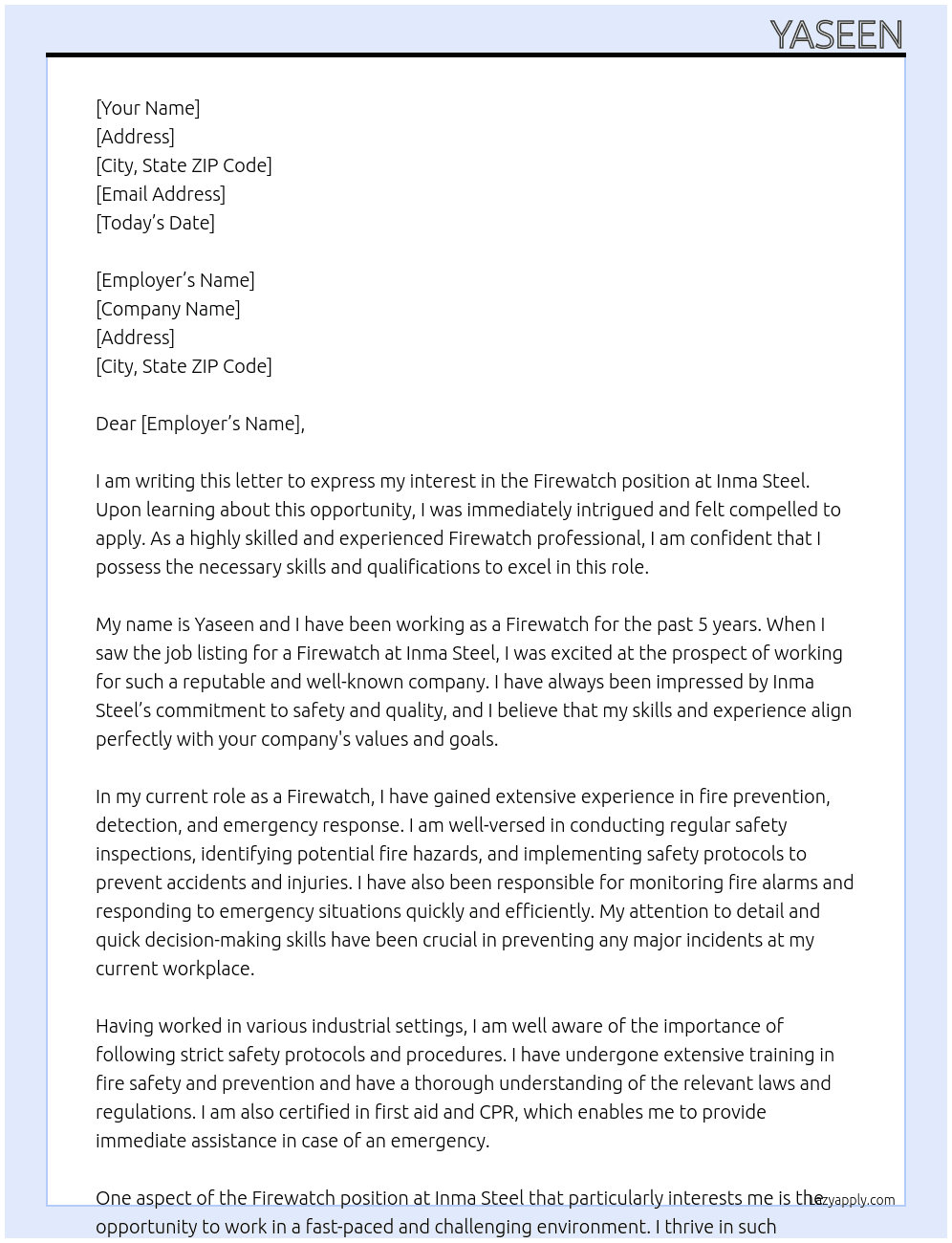 Firewatch  At Inma steel Cover Letter