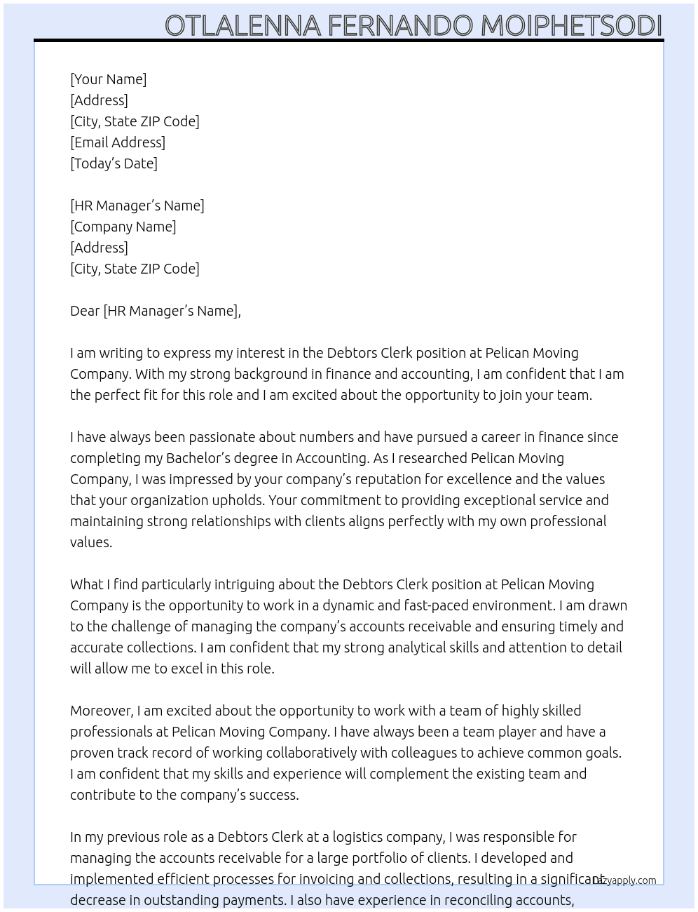 Debtors Clerk At Pelican Moving Company Cover Letter