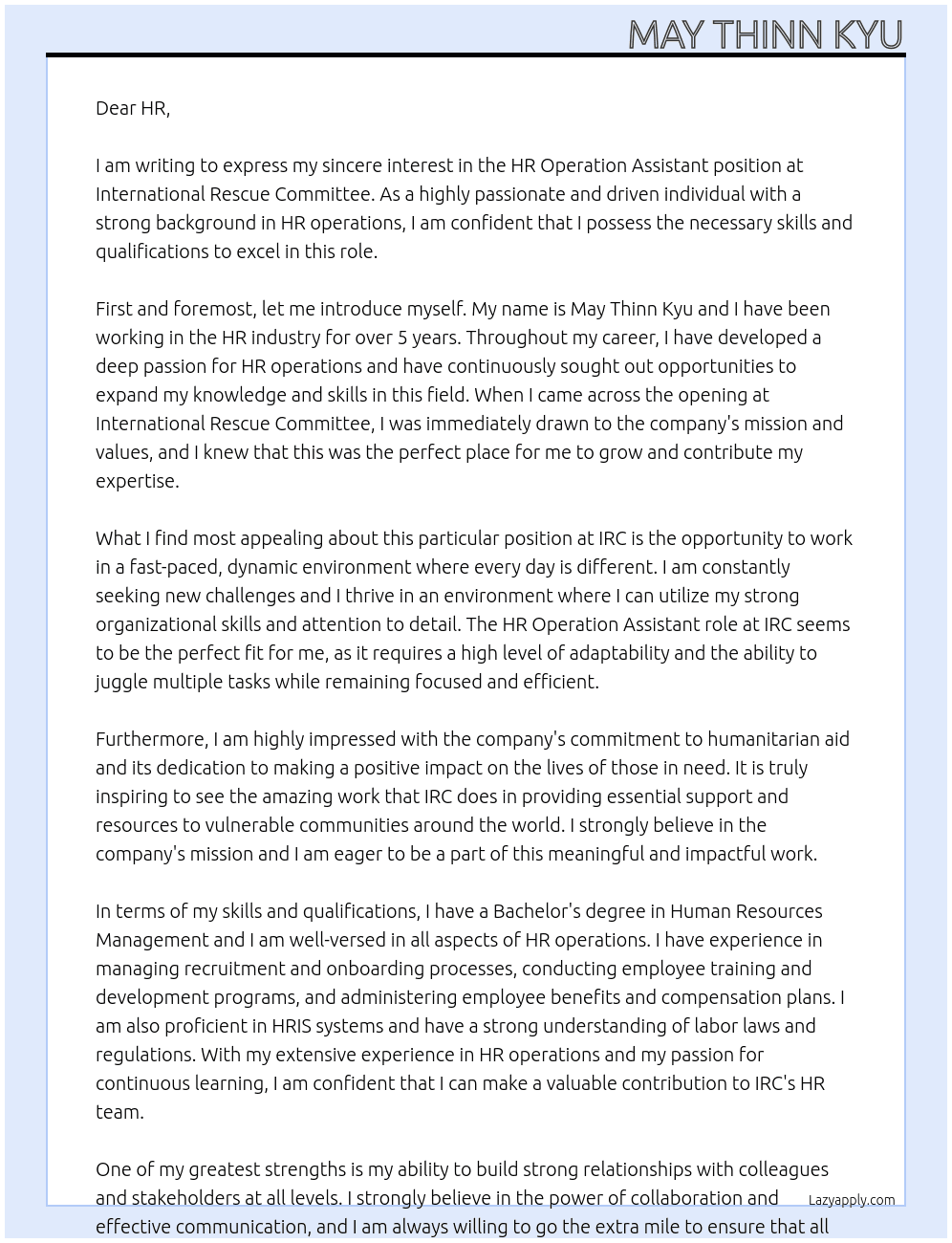 HR OPERATION ASSISTANT At International Recuse Committee Cover Letter