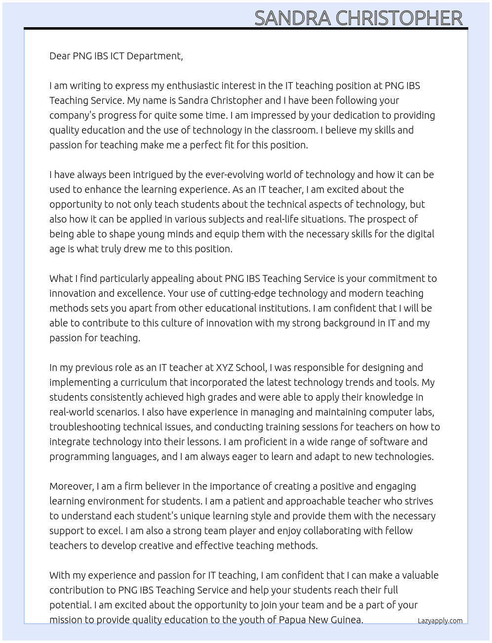 IT teaching  At PNG IBS Teaching Service  Cover Letter