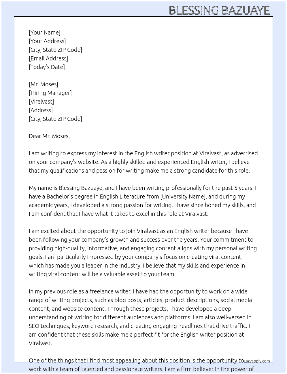 English writer At Viralvast  Cover Letter