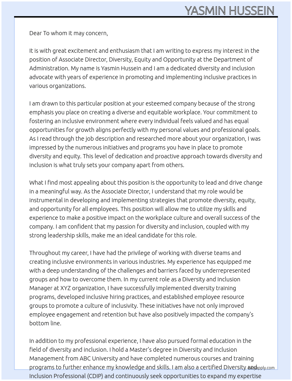 ASSOCIATE DIRECTOR, DIVERSITY, EQUITY AND OPPORTUNITY At Department of Administration  Cover Letter