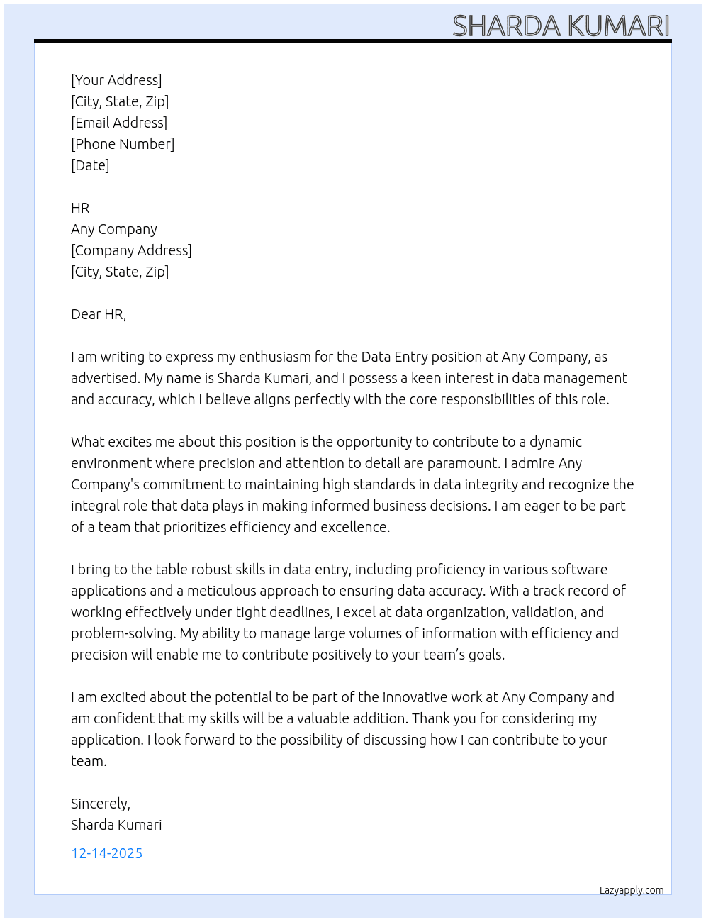 Data entry  At Any company  Cover Letter