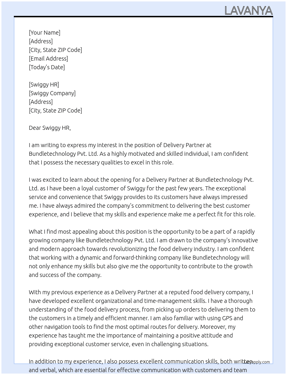 Delivery partner At Bundletechnology pvt.ltd Cover Letter