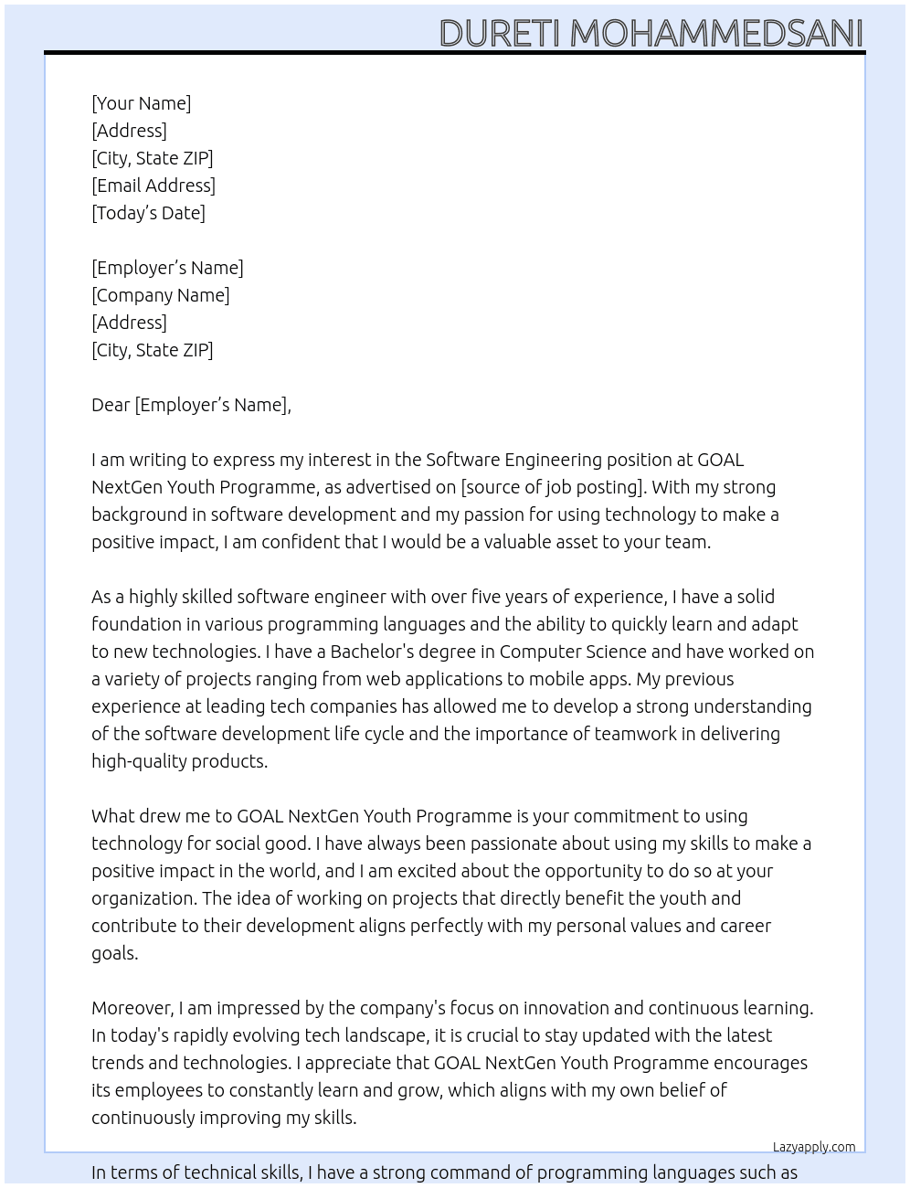Software Engineering At GOAL NextGen Youth Programme Cover Letter