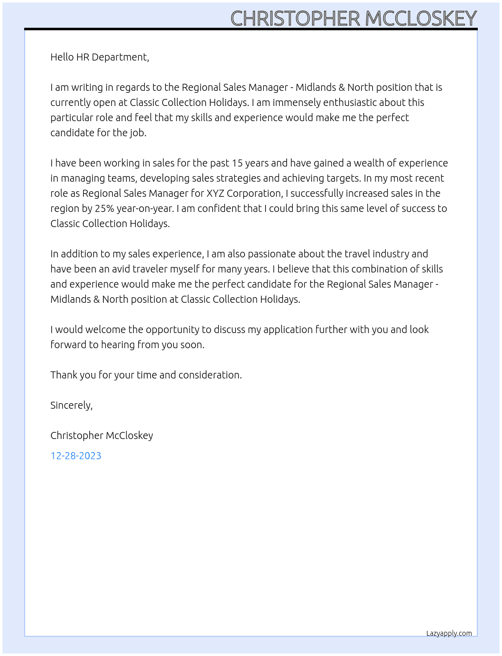 Regional Sales Manager - Midlands & North At Classic Collection Holidays Cover Letter