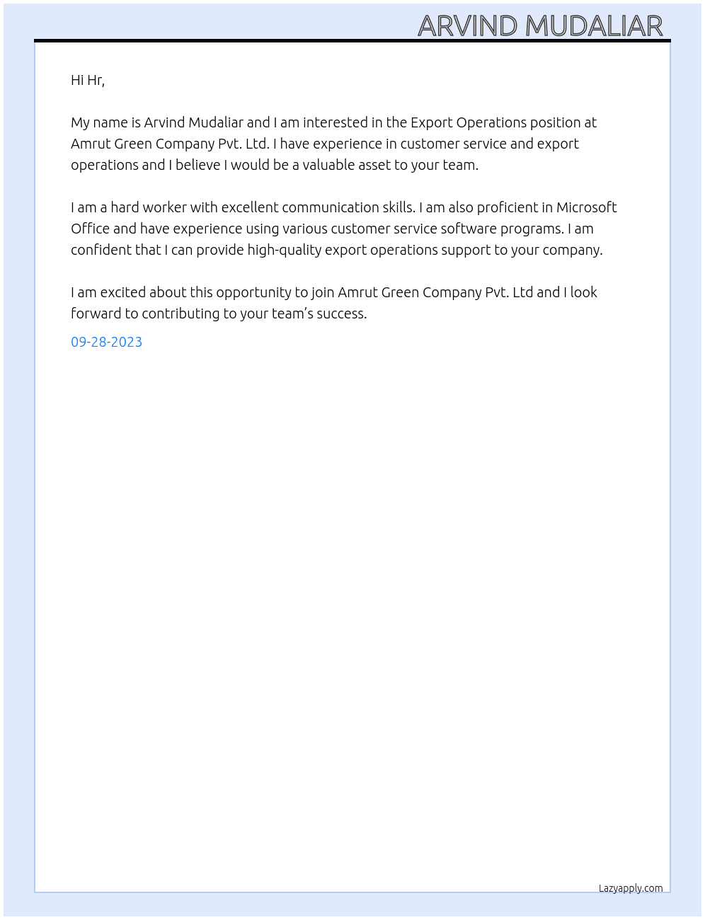 Export Operations  At Amrut Green Company Pvt. Ltd  Cover Letter
