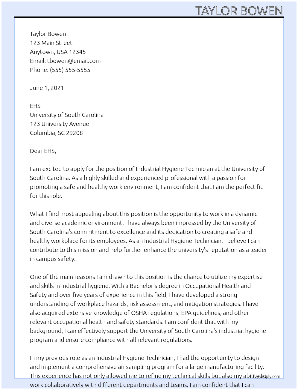 Industrial Hygiene Technician At University of South Carolina Cover Letter