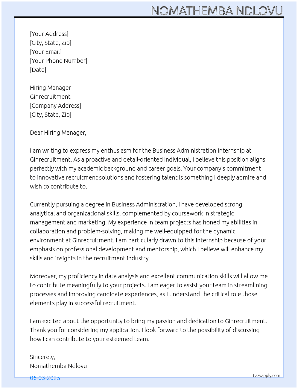 Business Administration Internship  At Ginrecruitment Cover Letter
