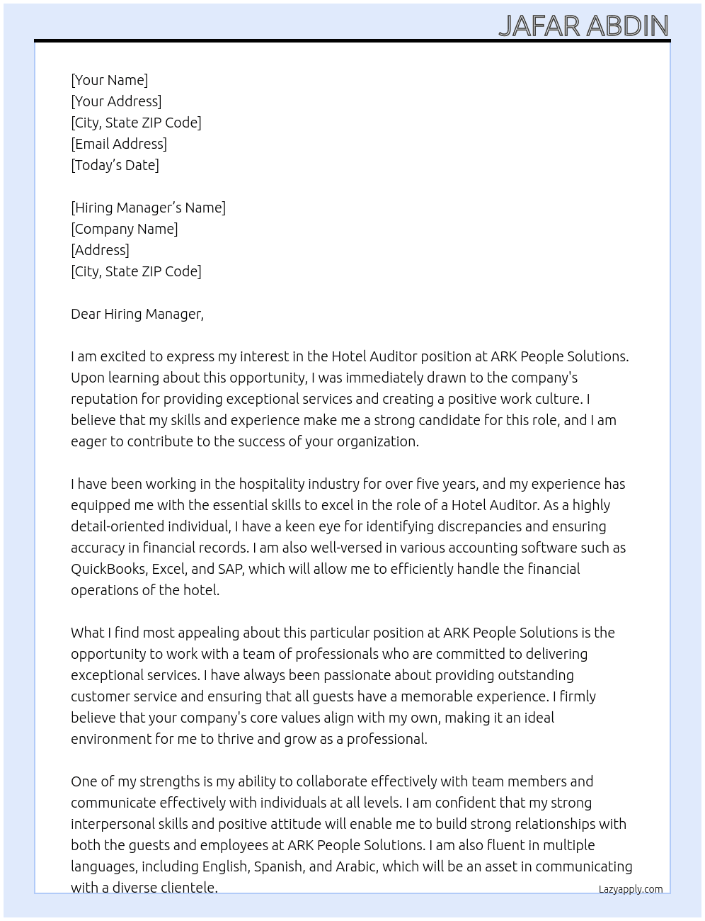 Cover letter for hotel auditor - LazyApply