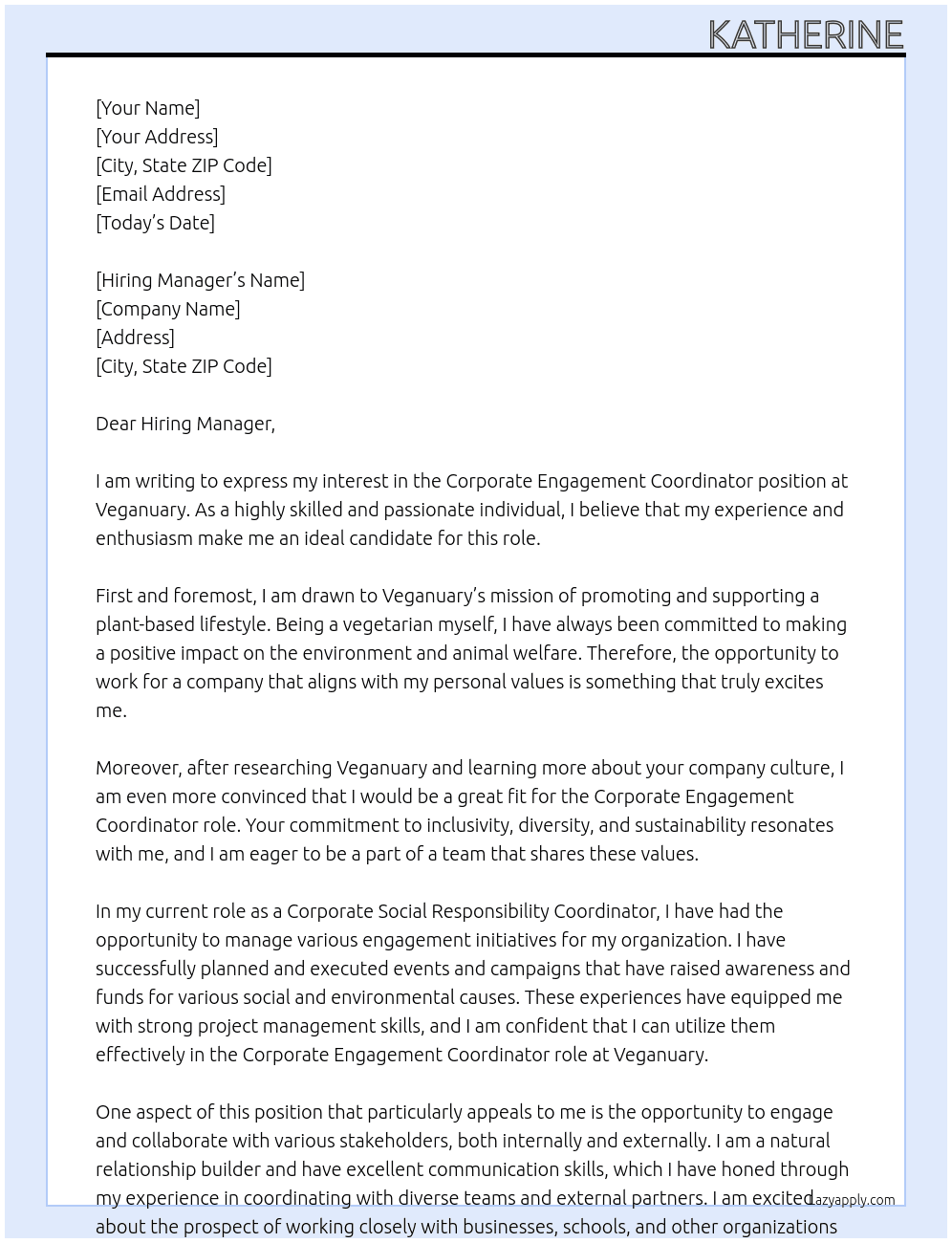 Corporate engagement coordinator At Veganuary Cover Letter