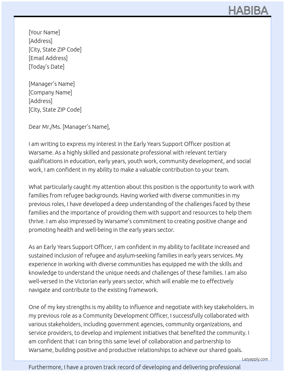 Early Years Support Officer At Warsame Cover Letter