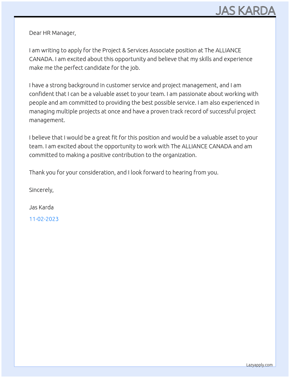 Project & Services Associate At The ALLIANCE CANADA Cover Letter