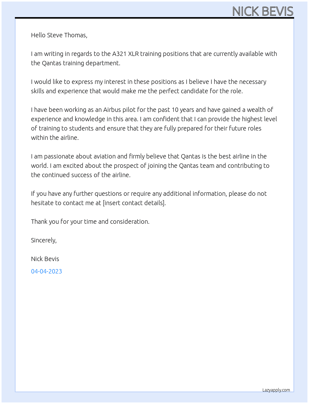 A321 XLR training positions At Qantas training department  Cover Letter