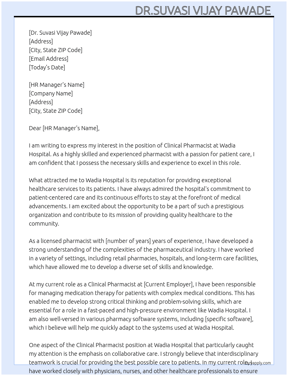 Clinical Pharmacist  At Wadia Hospital  Cover Letter