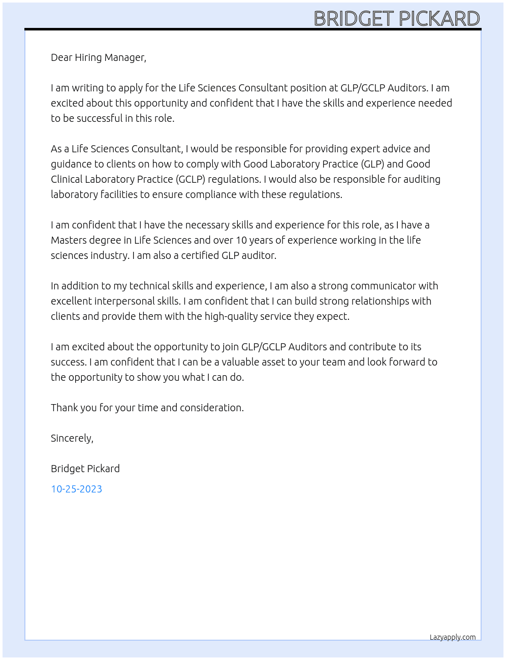 Life Sciences Consultant At GLP/GCLP Auditors Cover Letter