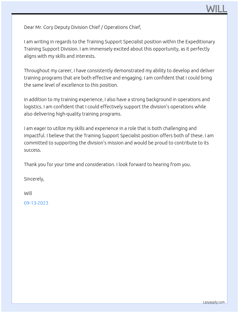 Training Support Specialist At Expeditionary Training Support Division Cover Letter