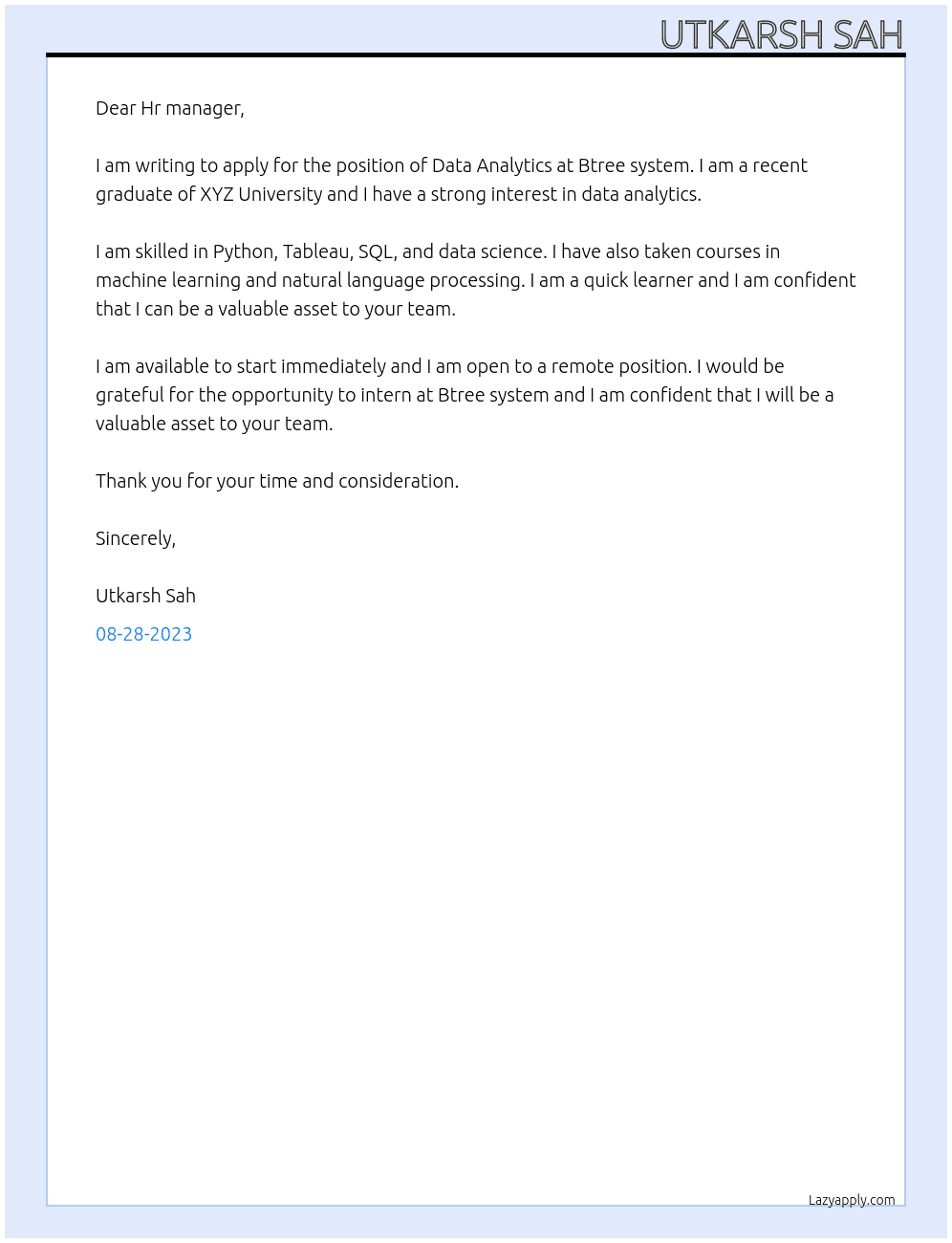 Data analytics  At Btree system  Cover Letter