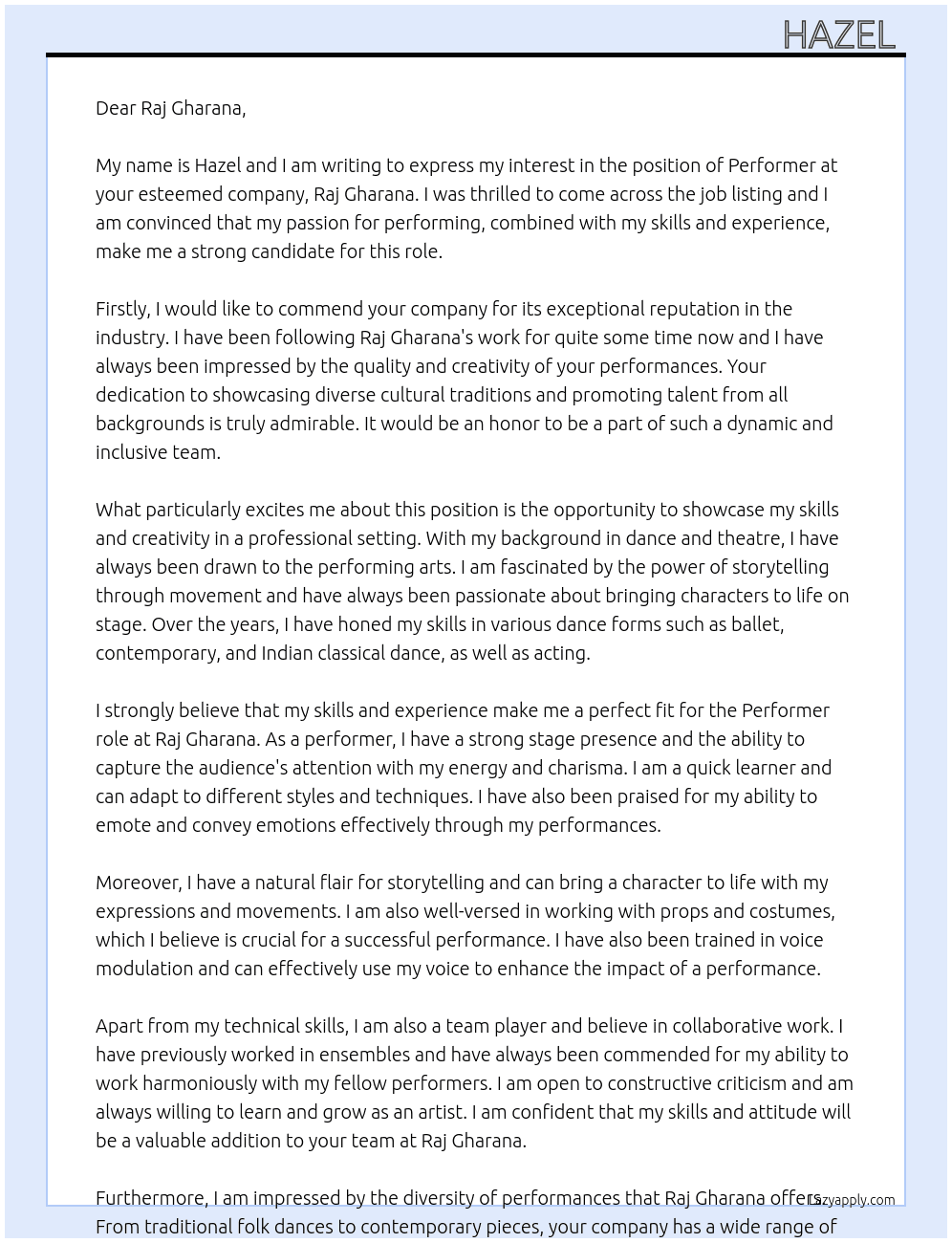 Performer  At Raj gharana Cover Letter