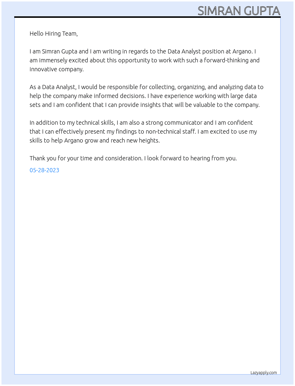 Data Analyst At Argano Cover Letter