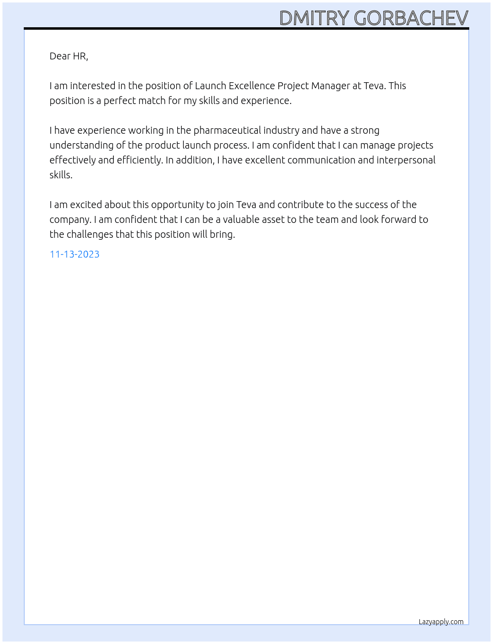 Launch exellence project manager At Teva Cover Letter
