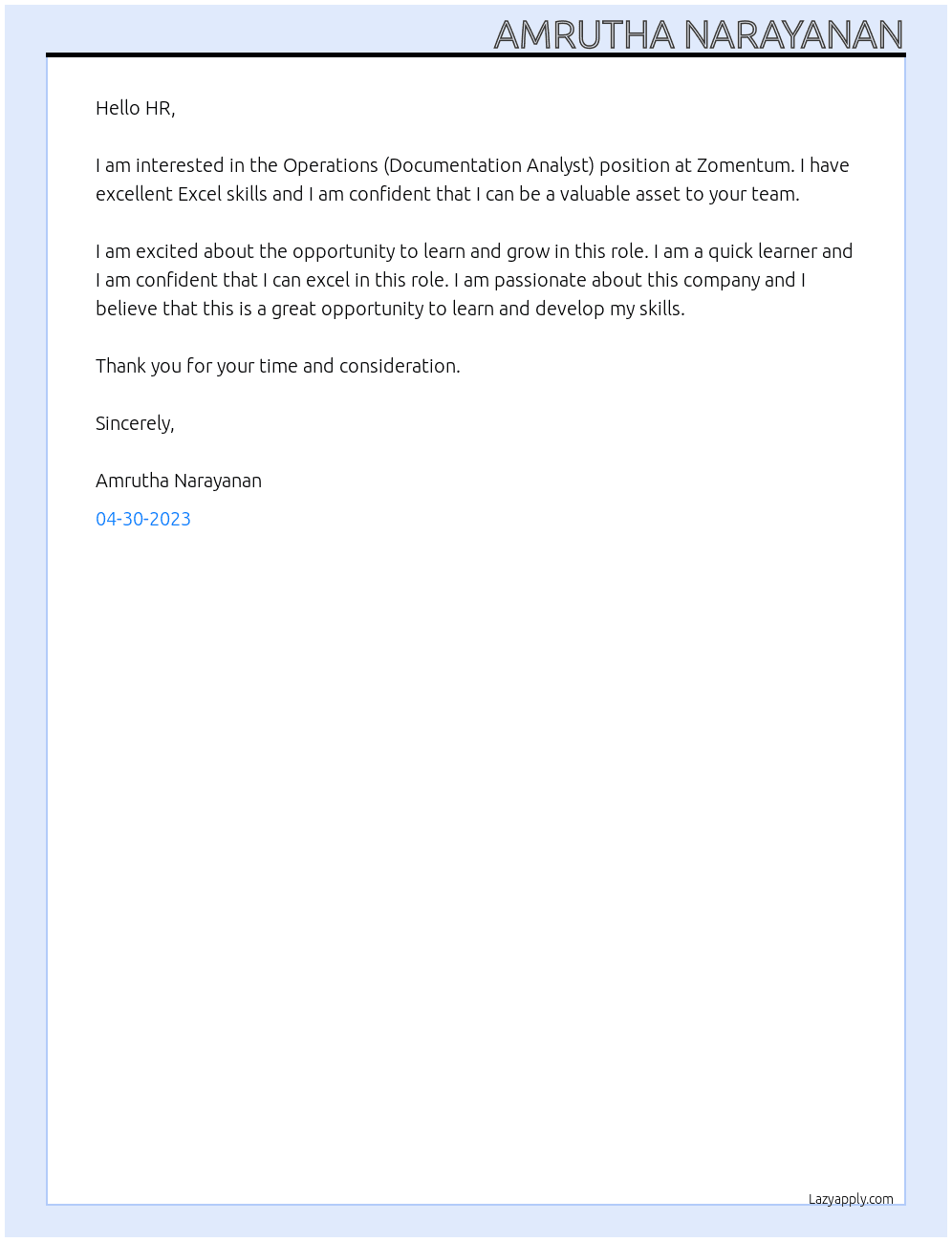 Operations (Documentation Analyst) At zomentum Cover Letter