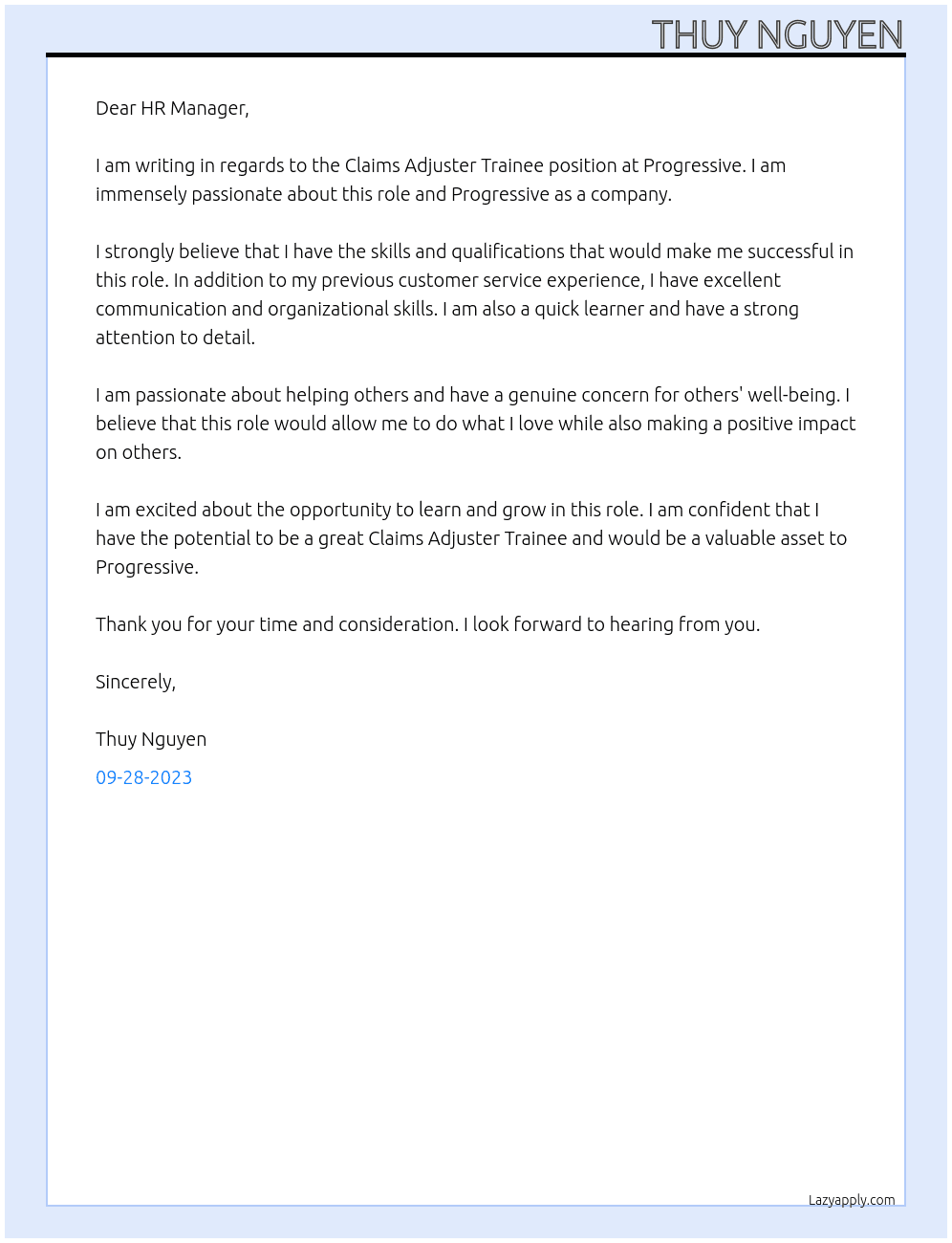 Claims Adjuster Trainee At Progressive  Cover Letter