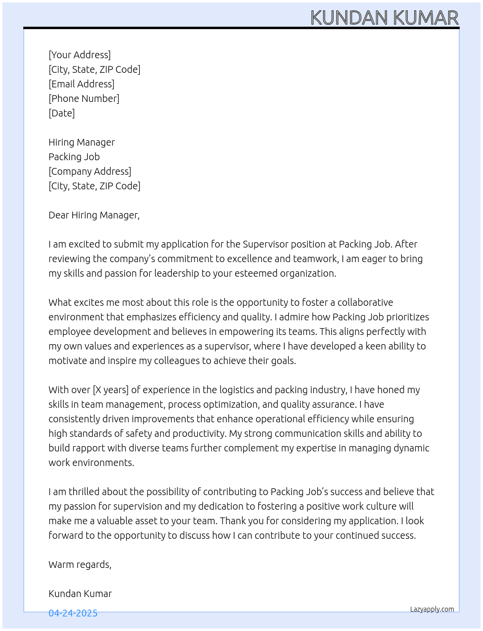 Supervisor At Packing job Cover Letter
