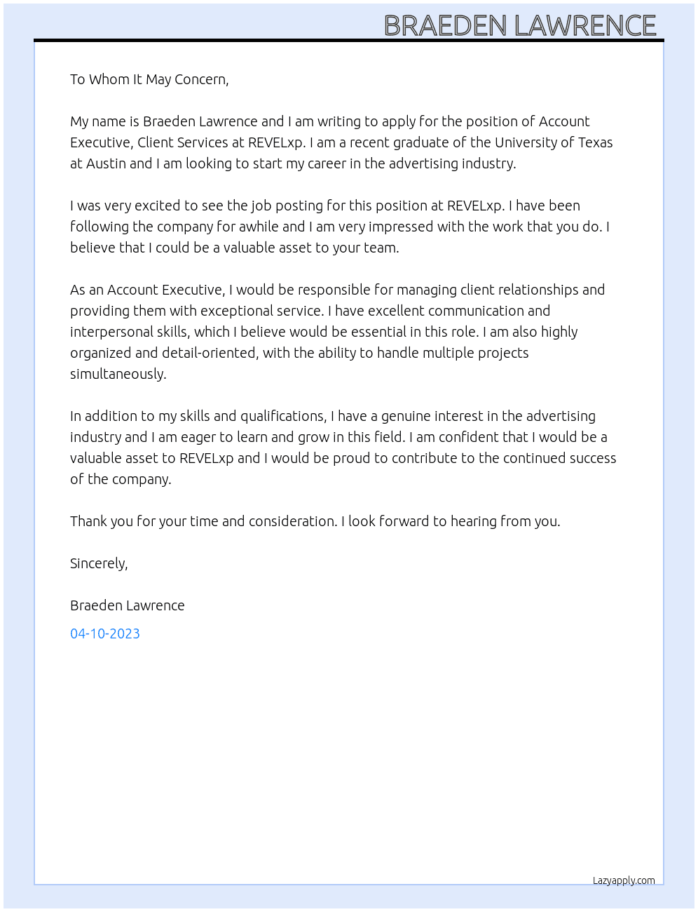 Account Executive, Client Services At REVELxp Cover Letter