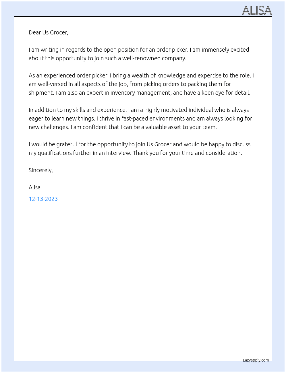 order picker At us grocer Cover Letter