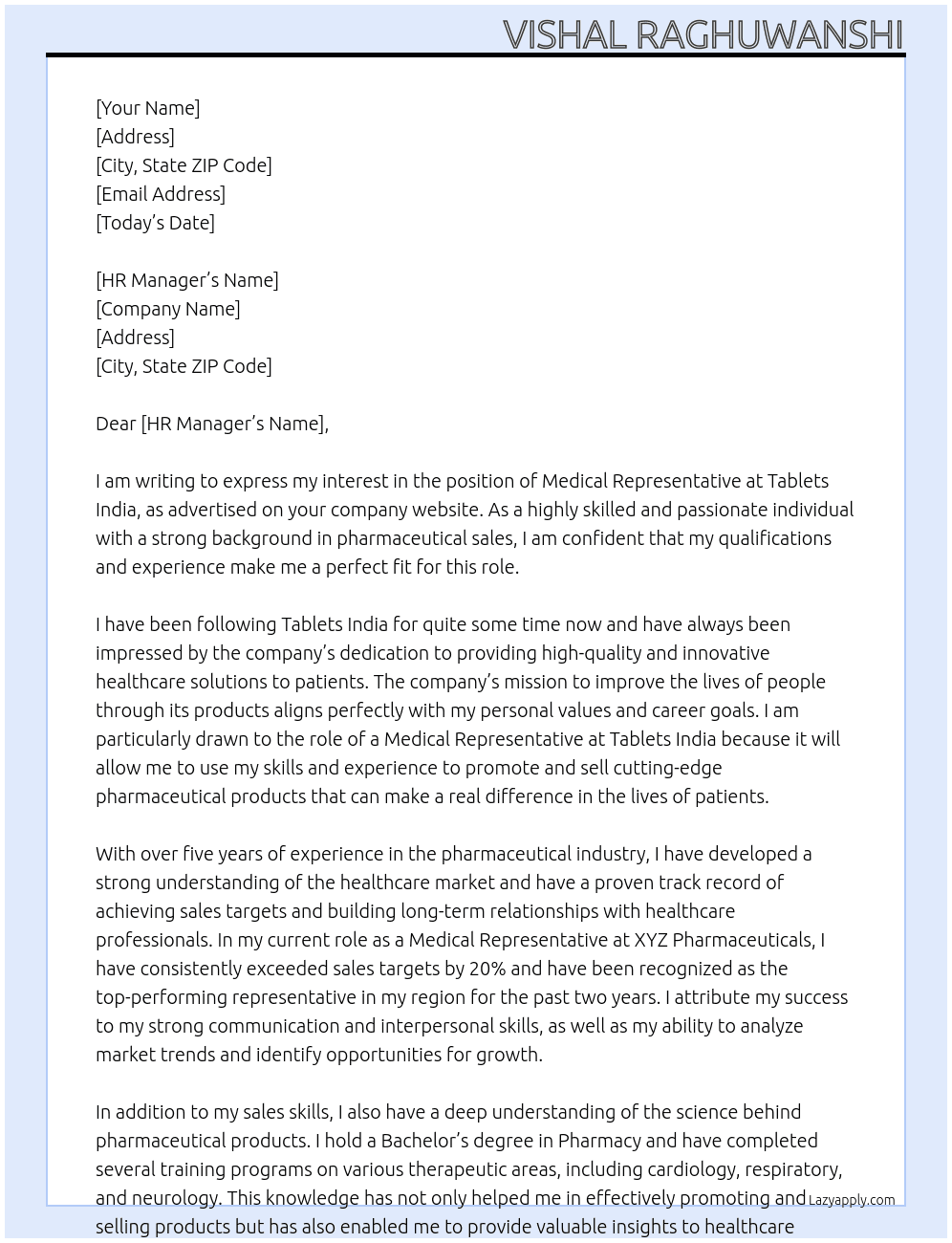 Medical representative At Tablets india Cover Letter