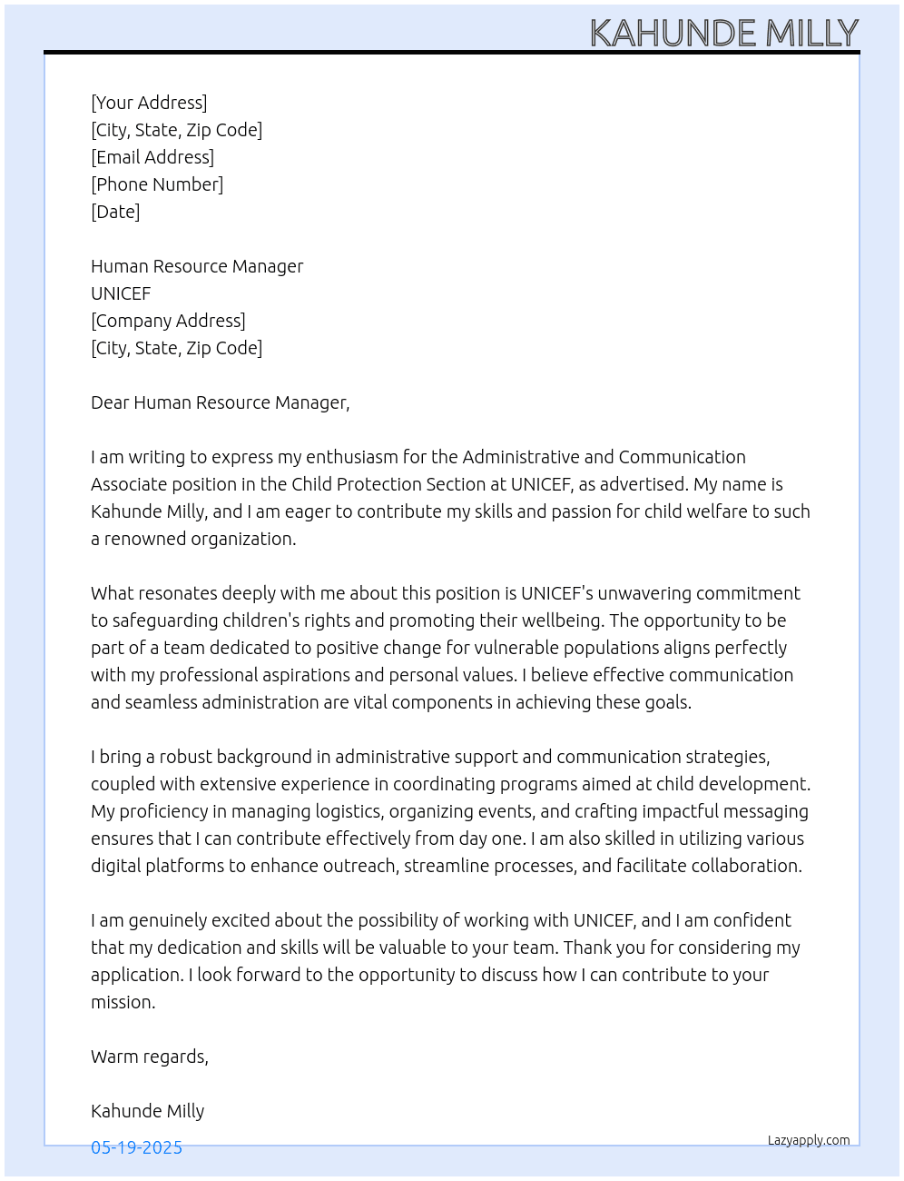 Cover letter for administrative and communication associate for child protection section - LazyApply