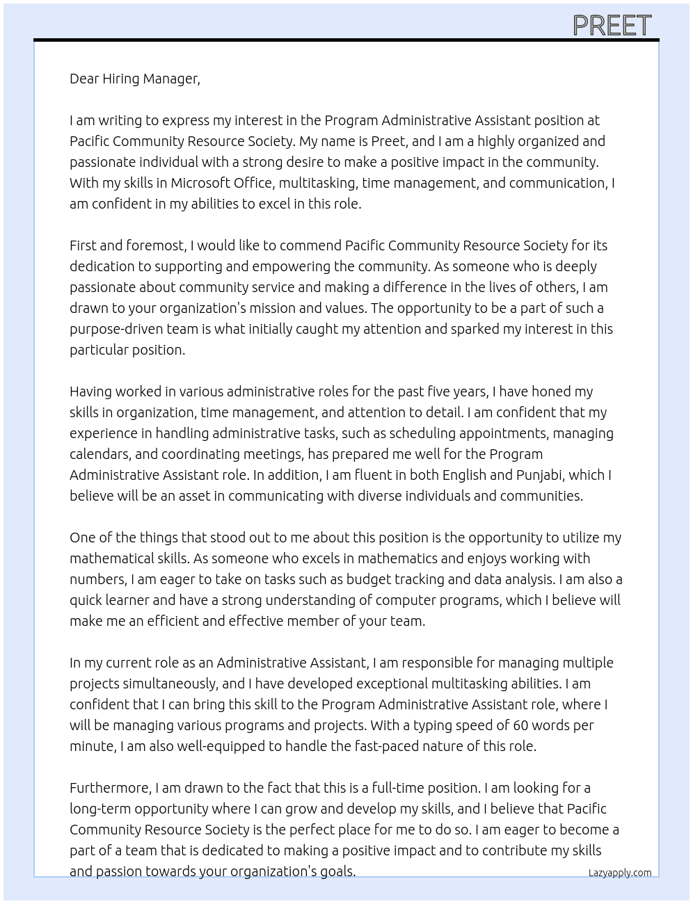 Program Administrative Assistant At Pacific Community Resource Society  Cover Letter