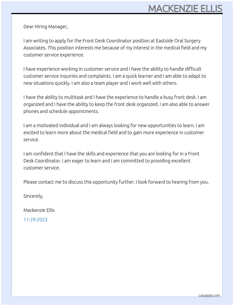 Front Desk Coordinator for Oral Surgery Office At Eastside Oral Surgery Associates Cover Letter