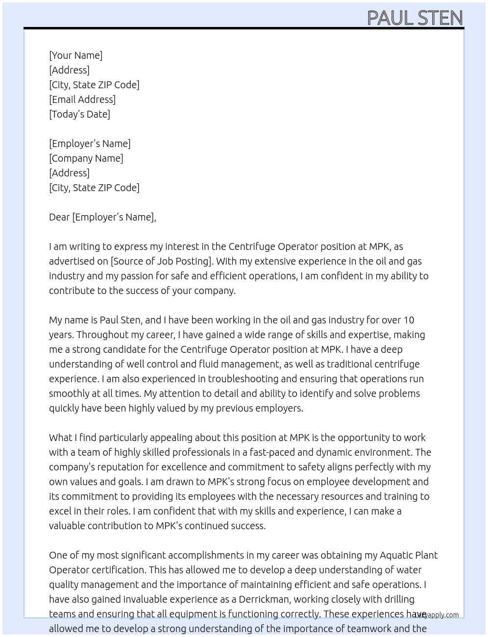 Centrifuge operator At MPK Cover Letter