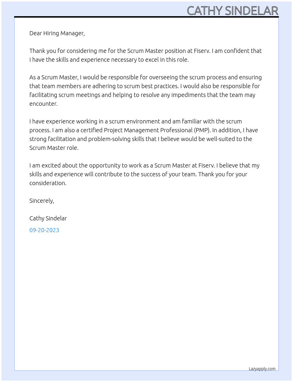 Scrum Master At Fiserv Cover Letter
