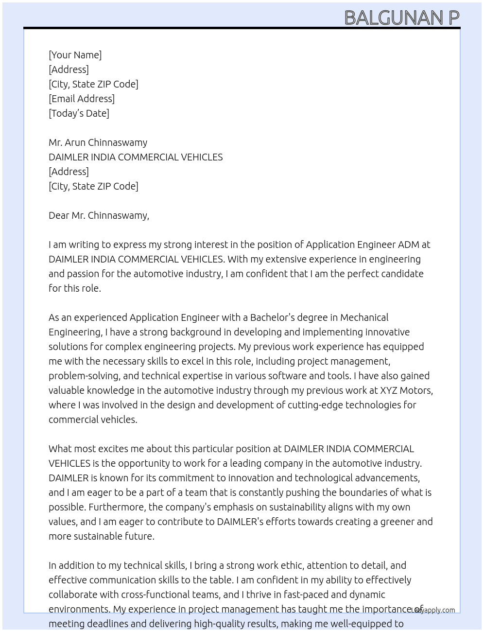 Application Engineer ADM At DAIMLER INDIA COMMERCIAL VEHICLES Cover Letter
