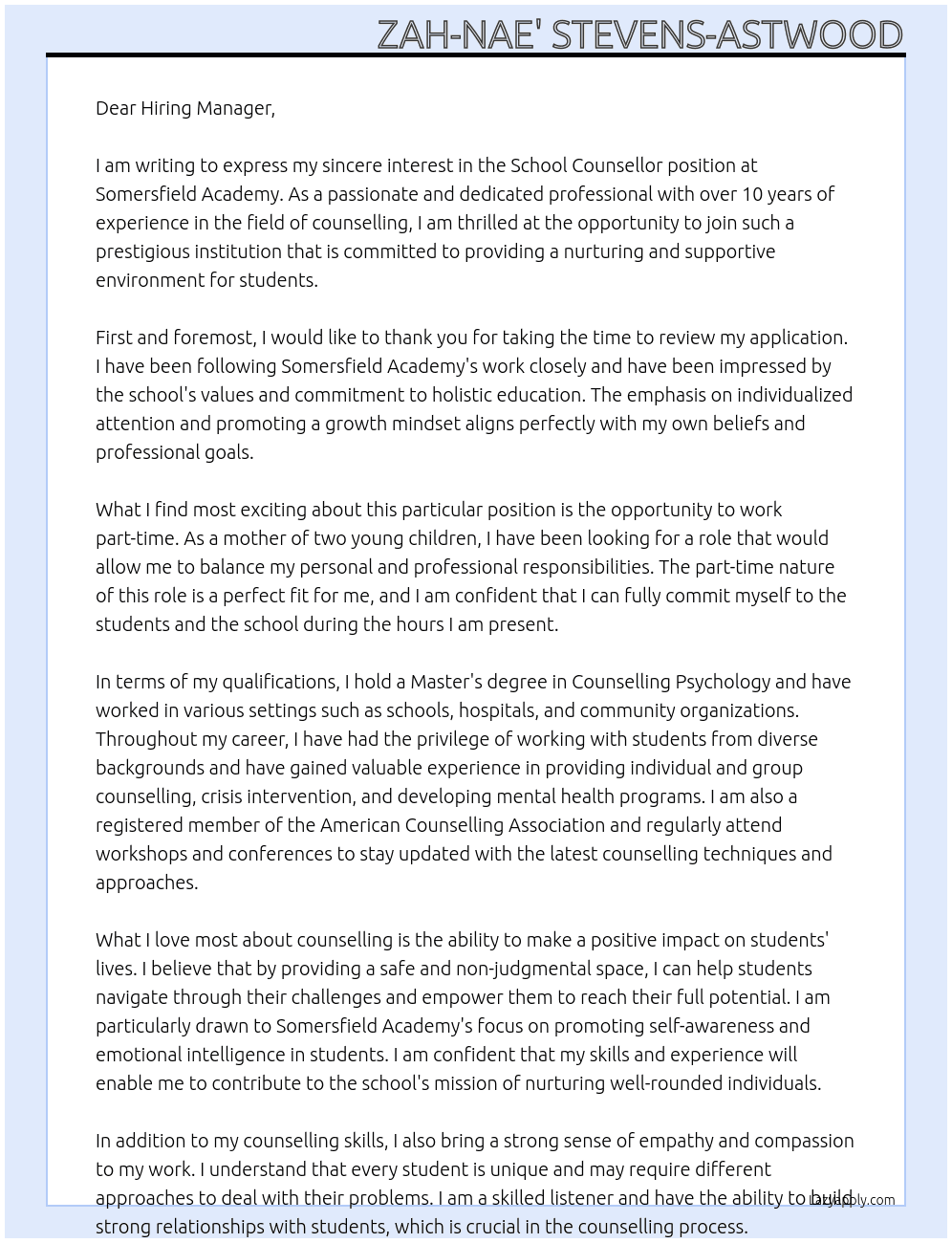 School Counsellor At Somersfield Academy Cover Letter