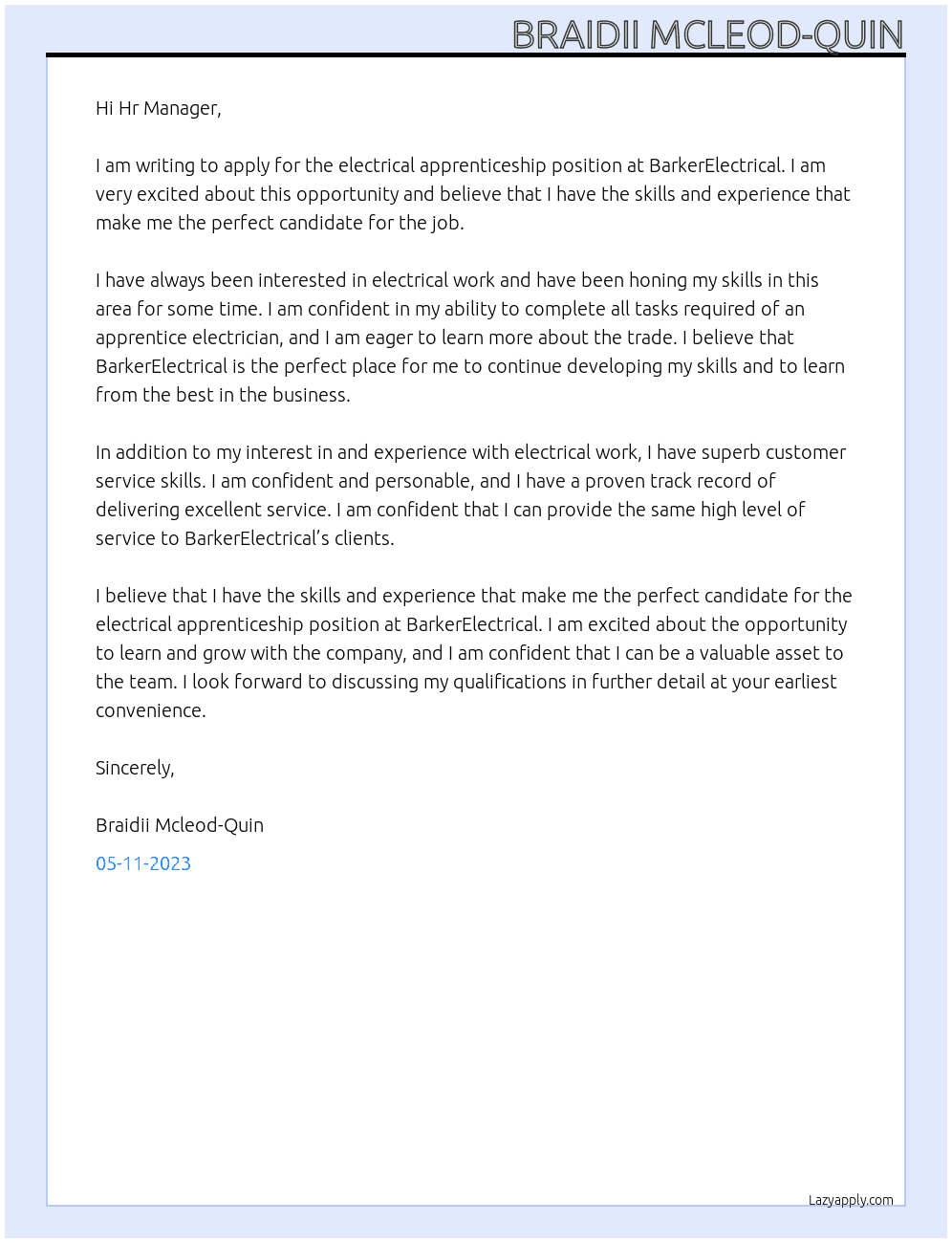 Electrical apprenticeship At BarkerElectrical Cover Letter